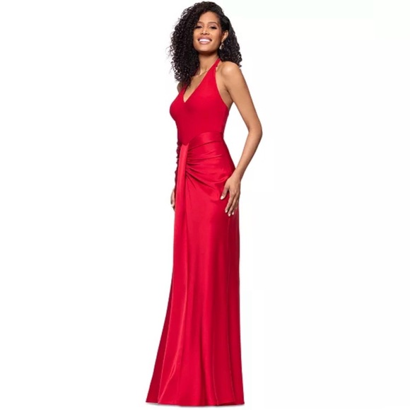 Betsy & Adam Women's Ruched Halter Maxi Gown Red New Holiday Dress 2 Formal - Picture 2 of 7